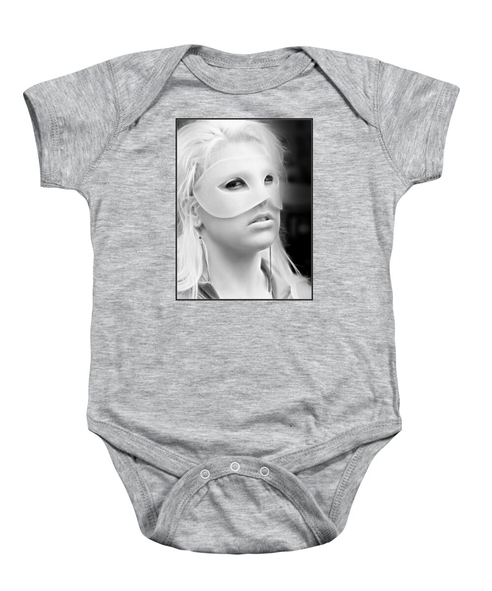 Fantasy Baby Onesie featuring the photograph Portrait Of A Masked Heroine by Jon Volden