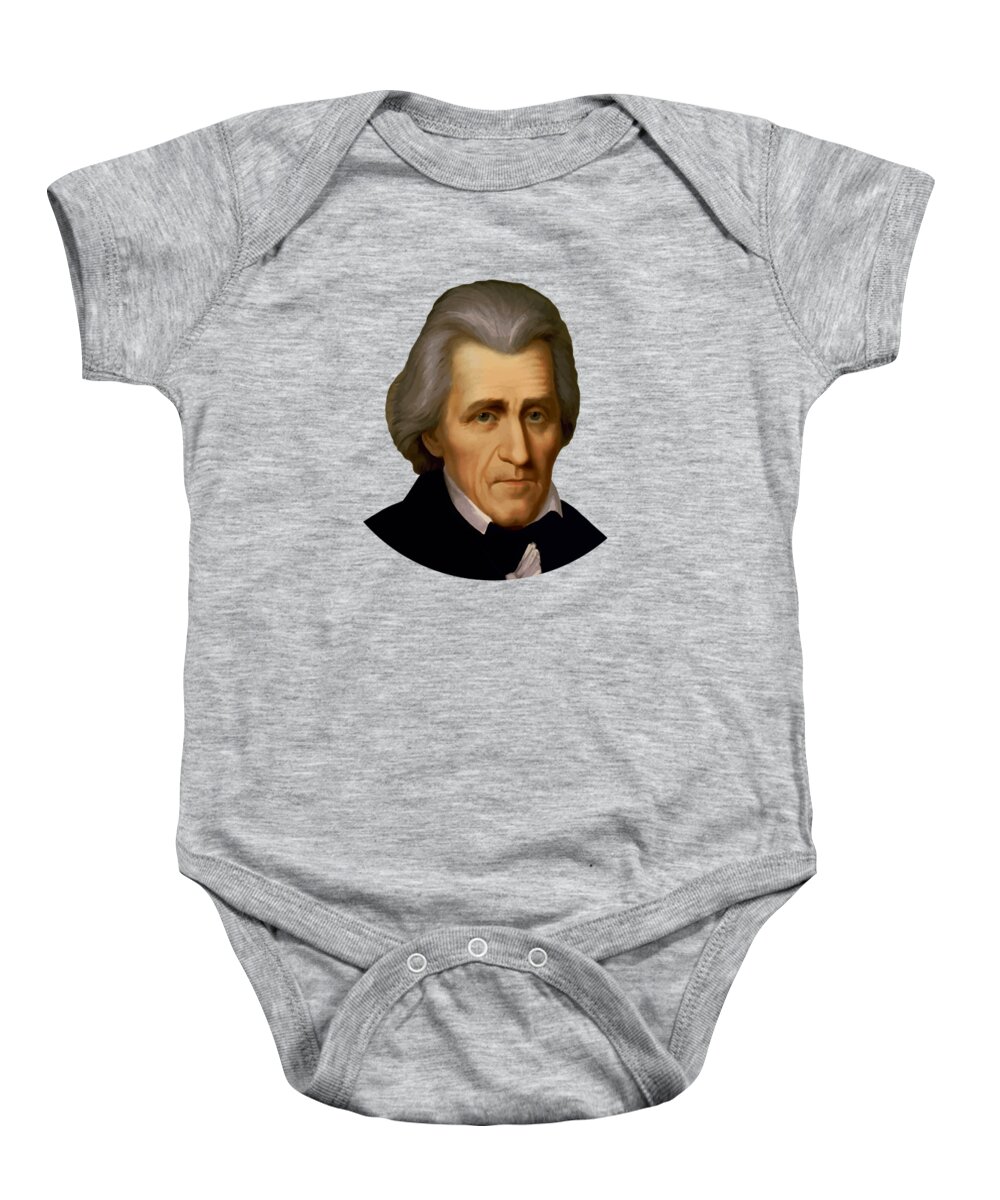 Andrew Jackson Baby Onesie featuring the painting President Andrew Jackson - Two by War Is Hell Store