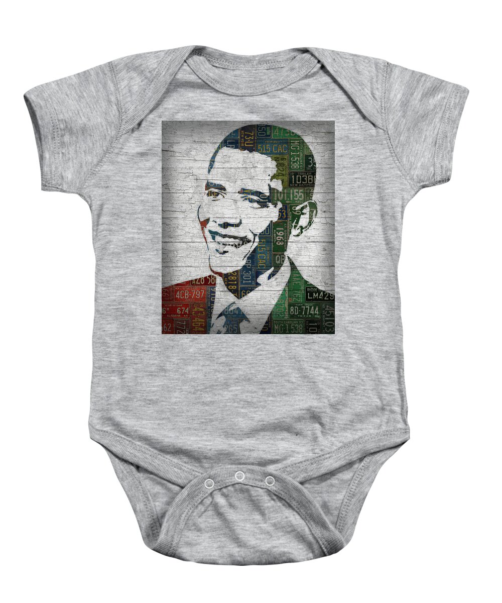 President Baby Onesie featuring the mixed media President Barack Obama Portrait United States License Plates Edition Two by Design Turnpike