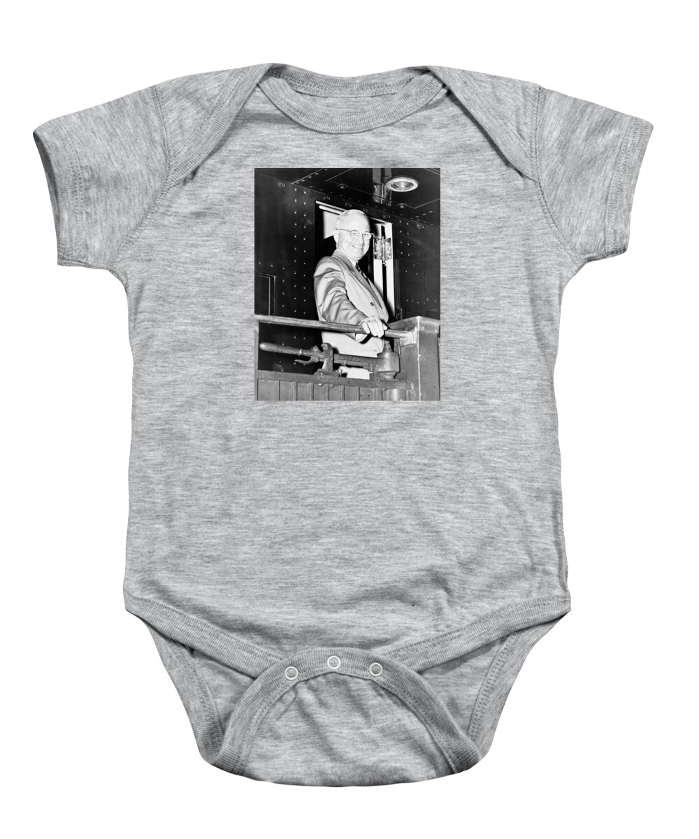 Harry Truman Baby Onesie featuring the photograph President Harry Truman by War Is Hell Store