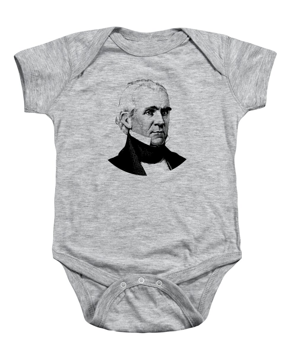 President Polk Baby Onesie featuring the digital art President James K. Polk Graphic Black and White by War Is Hell Store