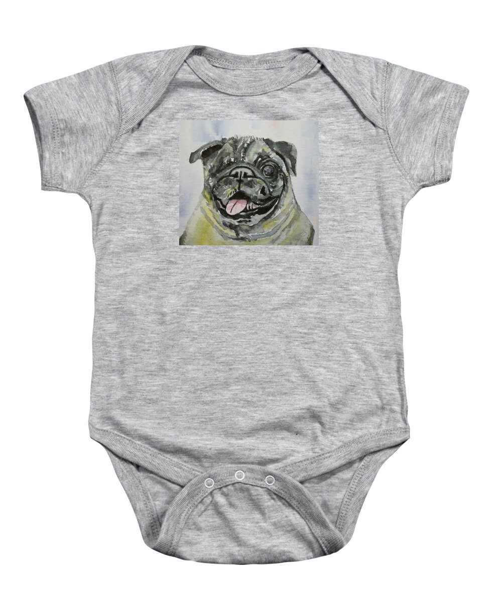 Dog Baby Onesie featuring the painting One Eyed Pug Portrait by Anna Ruzsan