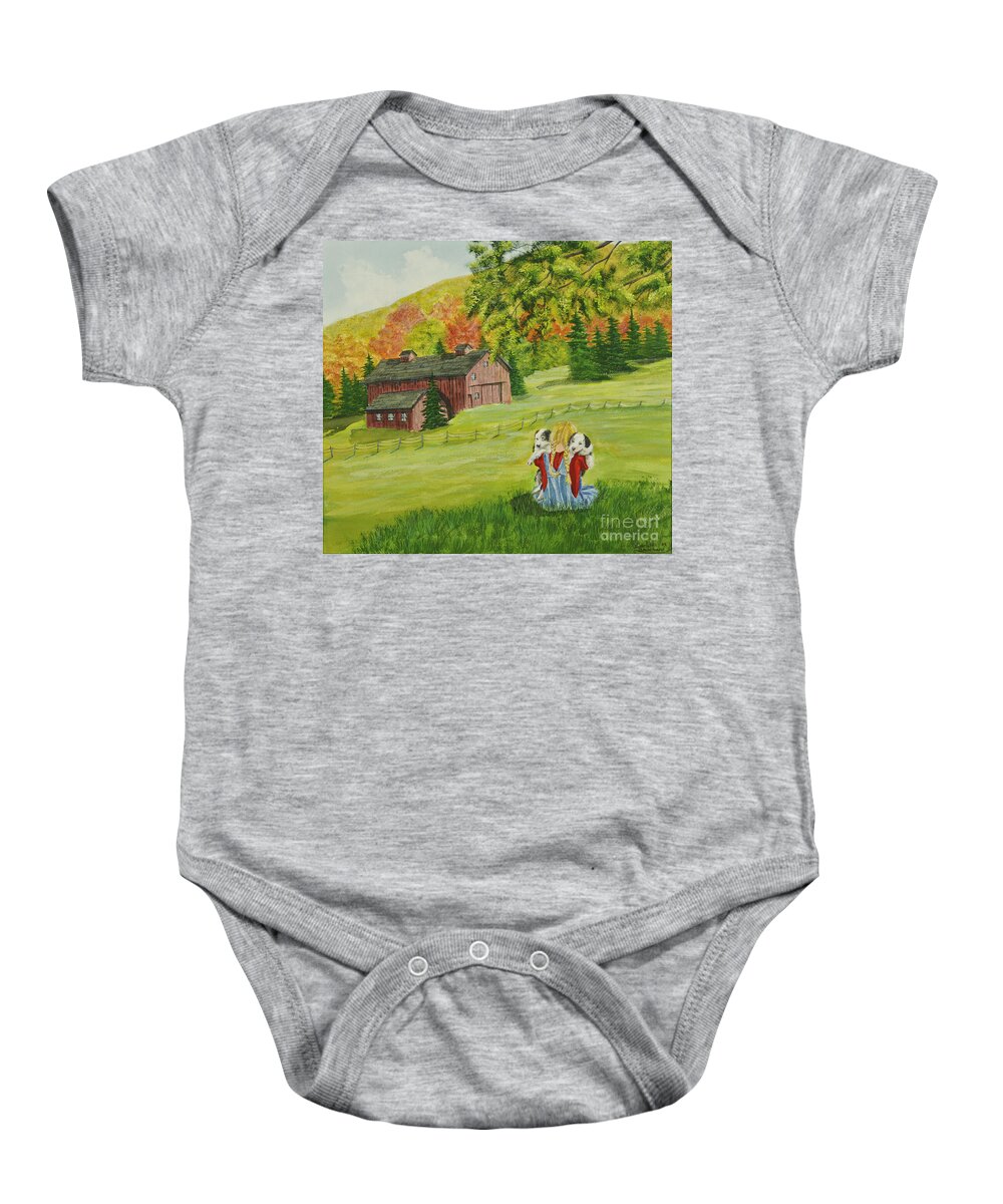 Country Kids Art Baby Onesie featuring the painting Puppy Love by Charlotte Blanchard
