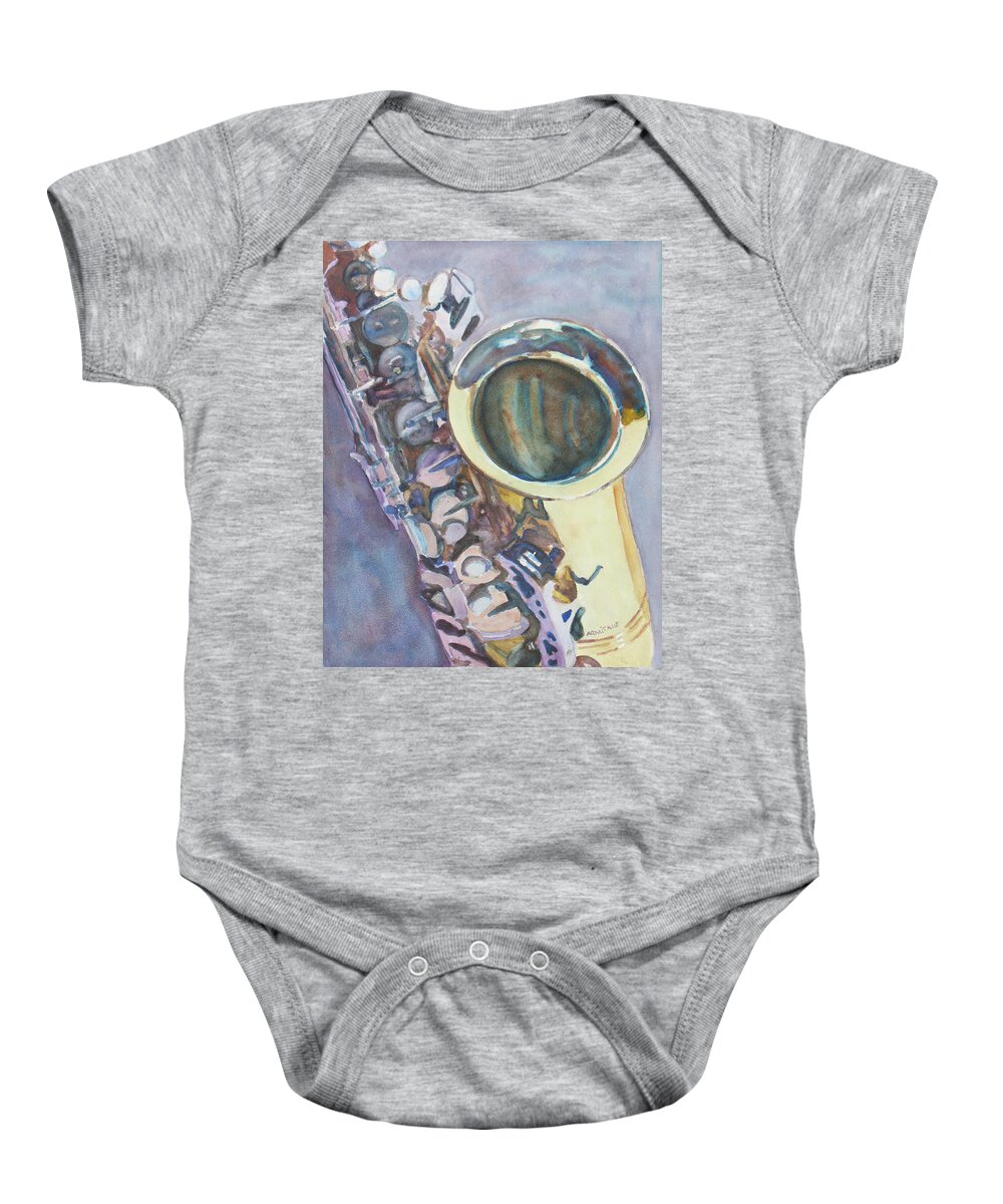 Sax Baby Onesie featuring the painting Purple Sax by Jenny Armitage