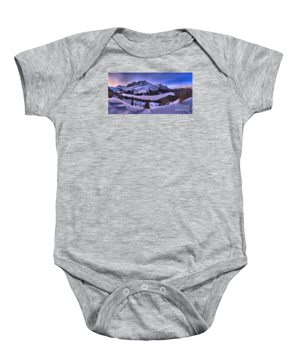 Peyto Lake Baby Onesie featuring the photograph Purple Skies At Peyto Lake by Adam Jewell