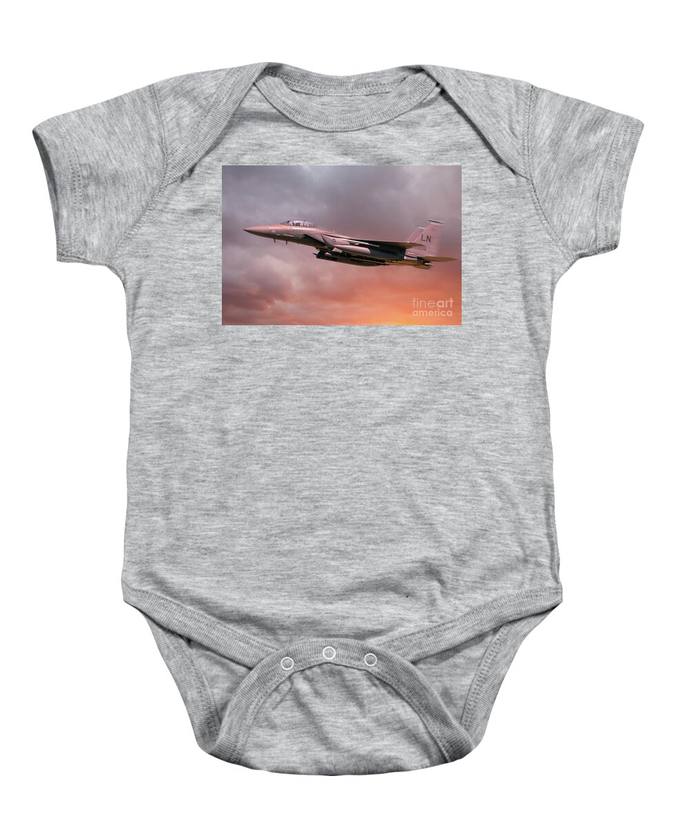 Usaf Baby Onesie featuring the photograph RAF Lakenheath F-15 Eagle in flight with orange sun light by Simon Bratt