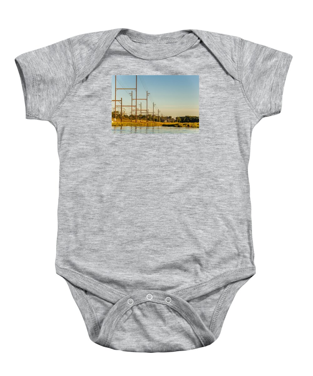 Cheesequake Creek Baby Onesie featuring the photograph Rail tracks at cheesequake creek by SAURAVphoto Online Store