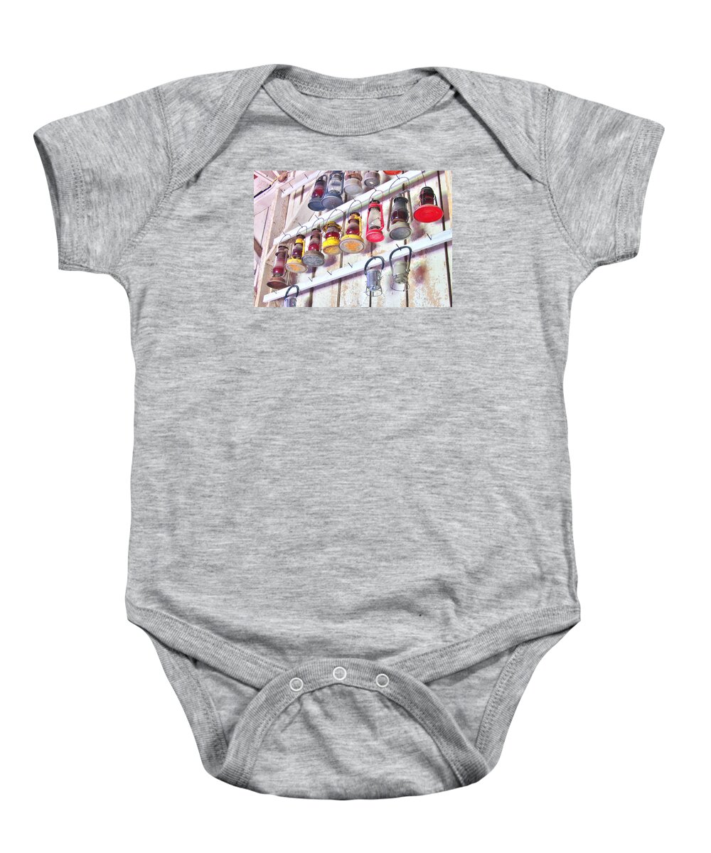 Lamps Baby Onesie featuring the photograph Railroad Lanterns by Marilyn Diaz