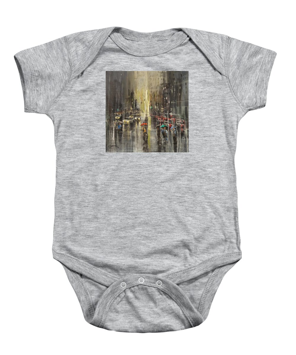 Milwaukee Baby Onesie featuring the painting Rain On Wisconsin Avenue by Tom Shropshire