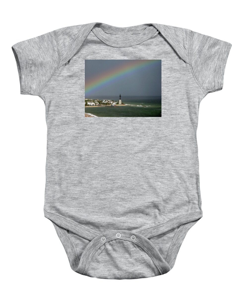 Rainbow Baby Onesie featuring the photograph Rainbow over Hillsboro Lighthouse by Corinne Carroll