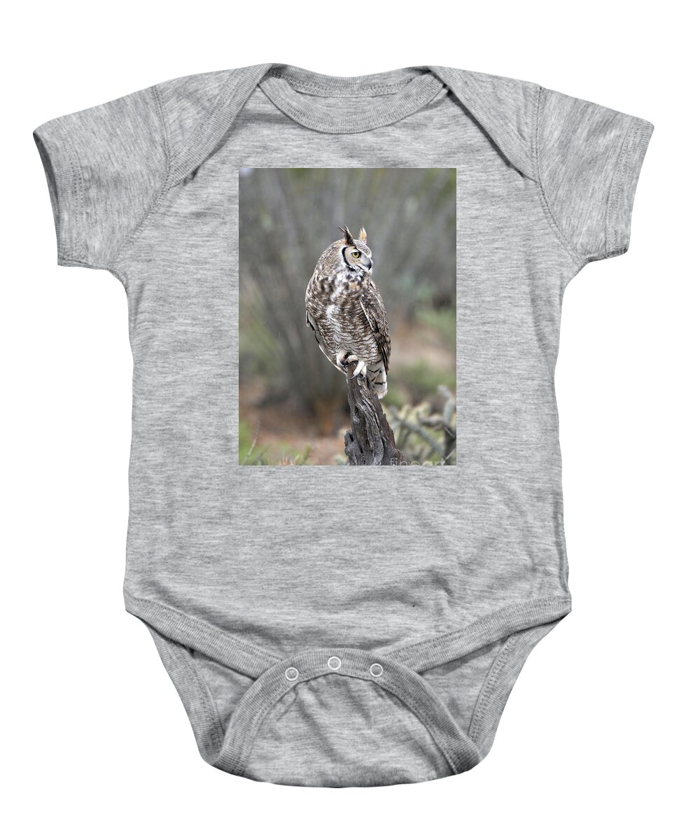 Denise Bruchman Baby Onesie featuring the photograph Rainy Day Owl by Denise Bruchman