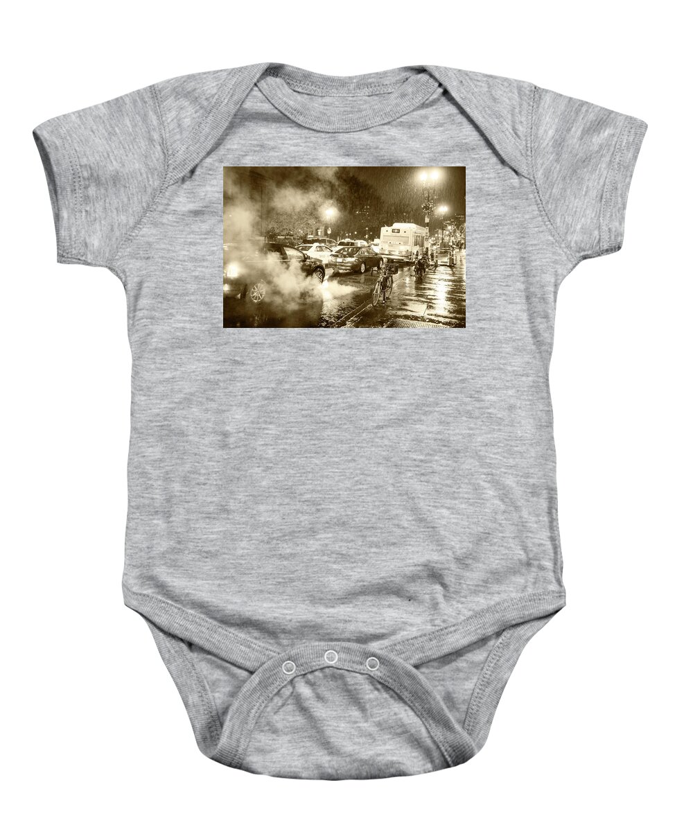 Boston Baby Onesie featuring the photograph Rainy Night in Boston MA Steamy Street Sepia by Toby McGuire