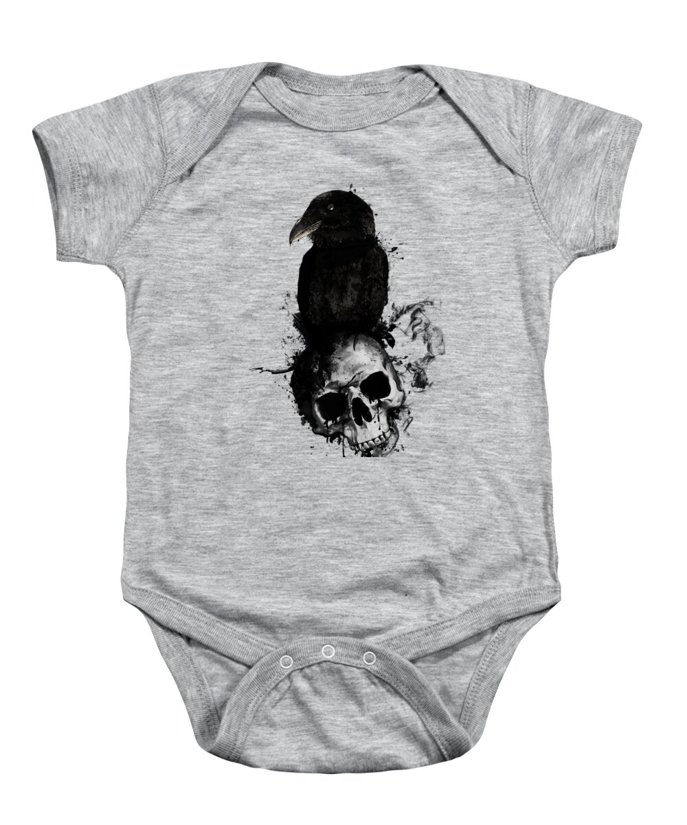 Raven Baby Onesie featuring the mixed media Raven and Skull by Nicklas Gustafsson