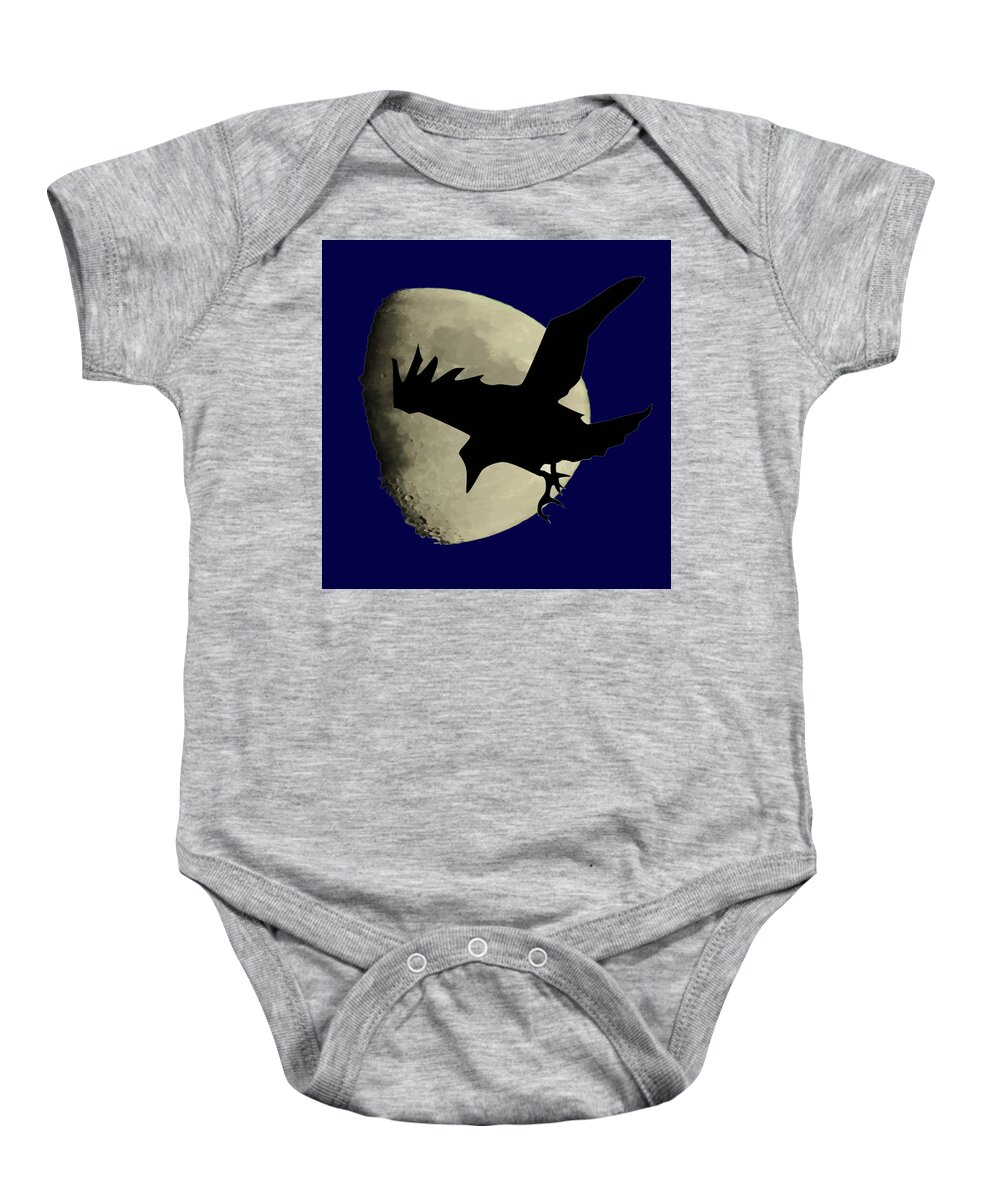 Animal Baby Onesie featuring the digital art Raven Flying Across The Moon by Taiche Acrylic Art