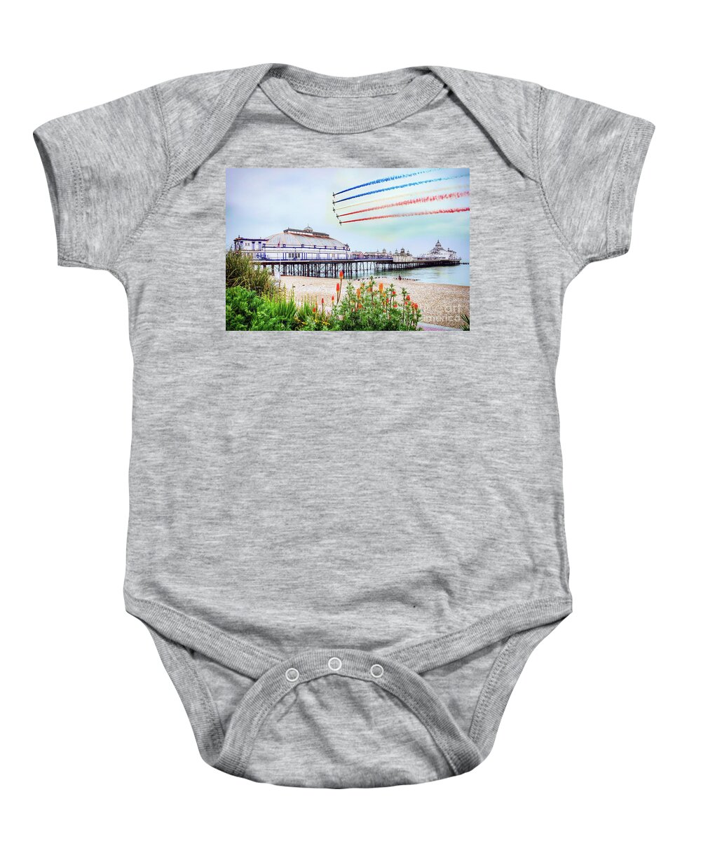 Red Arrows Baby Onesie featuring the digital art Red Arrows Eastbourne Pier by Airpower Art