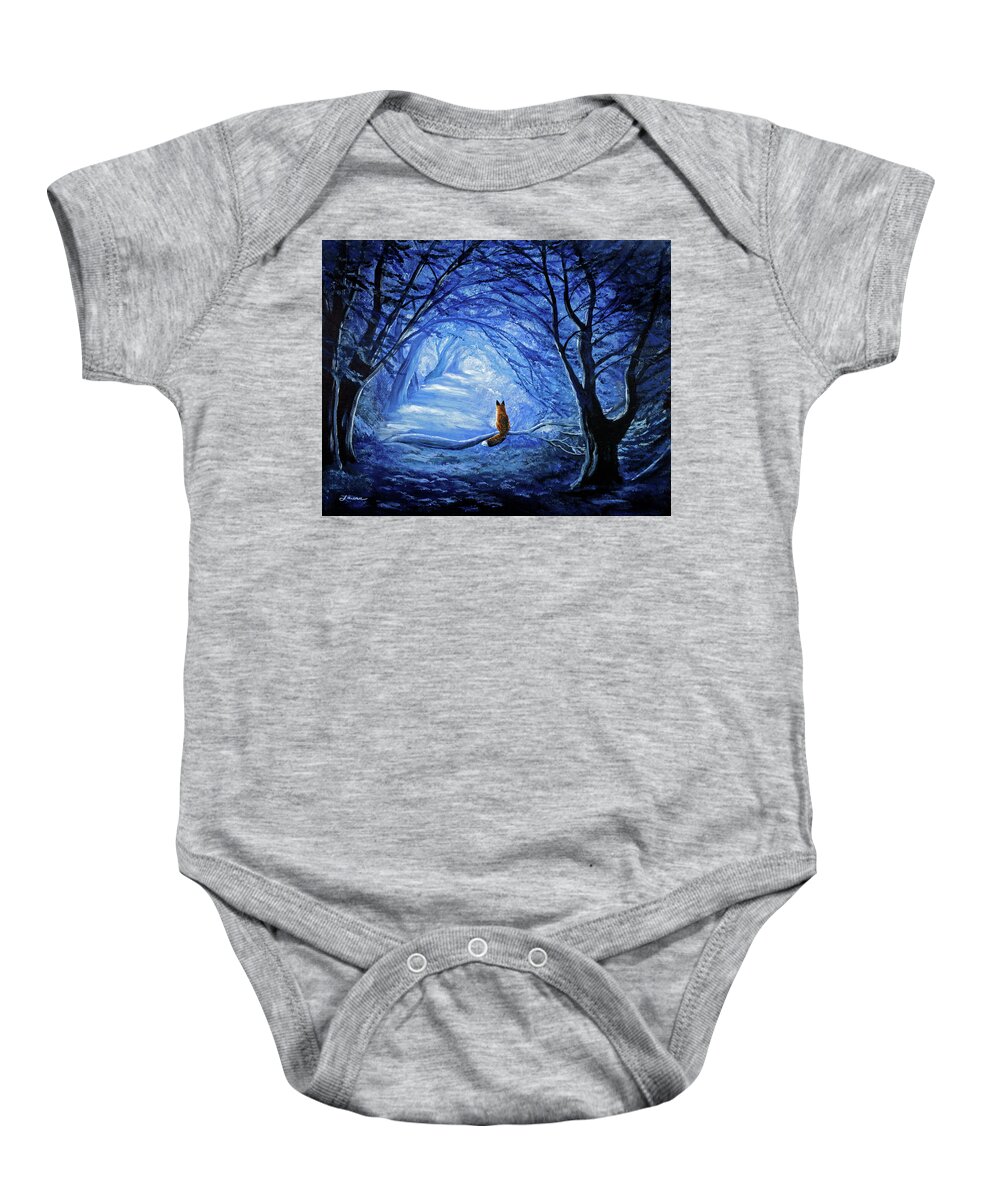 Red Fox Baby Onesie featuring the painting Red Fox in Blue Cypress Grove by Laura Iverson