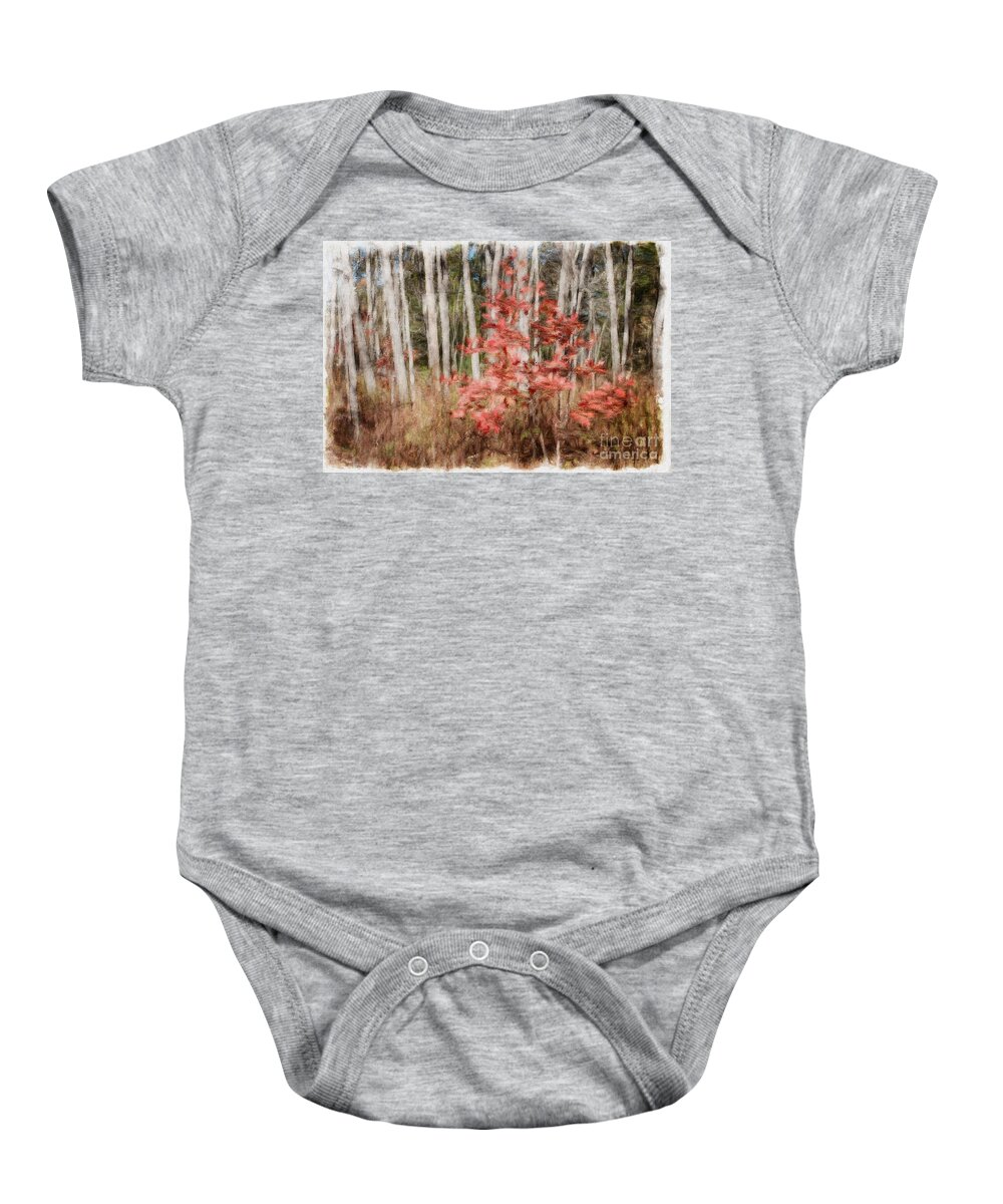 Trees Baby Onesie featuring the photograph Red Leaves Among Birch Trees by Marcia Lee Jones