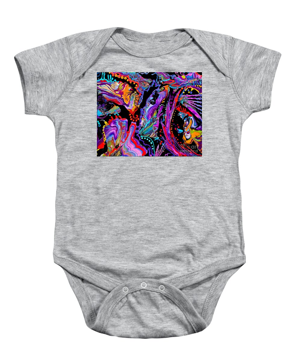 Fun Fishy Compelling Bright Colorful Popping Abstract Fluid-acrylics Contemporary Modern Fantasy-reef Black Bright Orange Blues Purple Baby Onesie featuring the painting Reef Fantasy #3081 by Priscilla Batzell Expressionist Art Studio Gallery