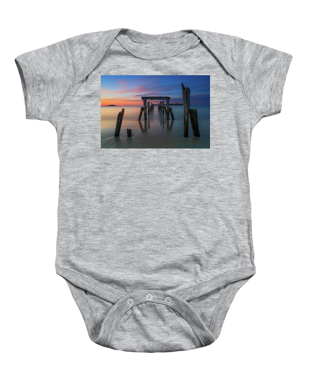 Sunrise; Massachusetts; New England; Pier; Historic; Long Exposure; Ocean; Beverly; Beverly Farms; West Beach; Misery Island; East Coast; Usa; Red; Orange; Peaceful; Calm; Soothing; Tranquil; Morning; Alone; Old; Relic; Blizzard Of '78; Remains; Relic Baby Onesie featuring the photograph Relic by Rob Davies