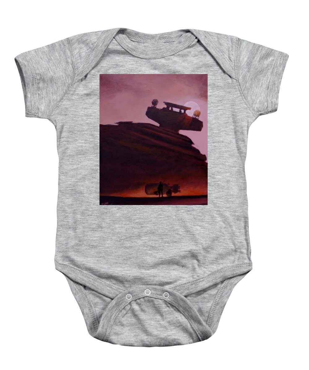 Force Baby Onesie featuring the painting Rey Looks on by Dan Wagner