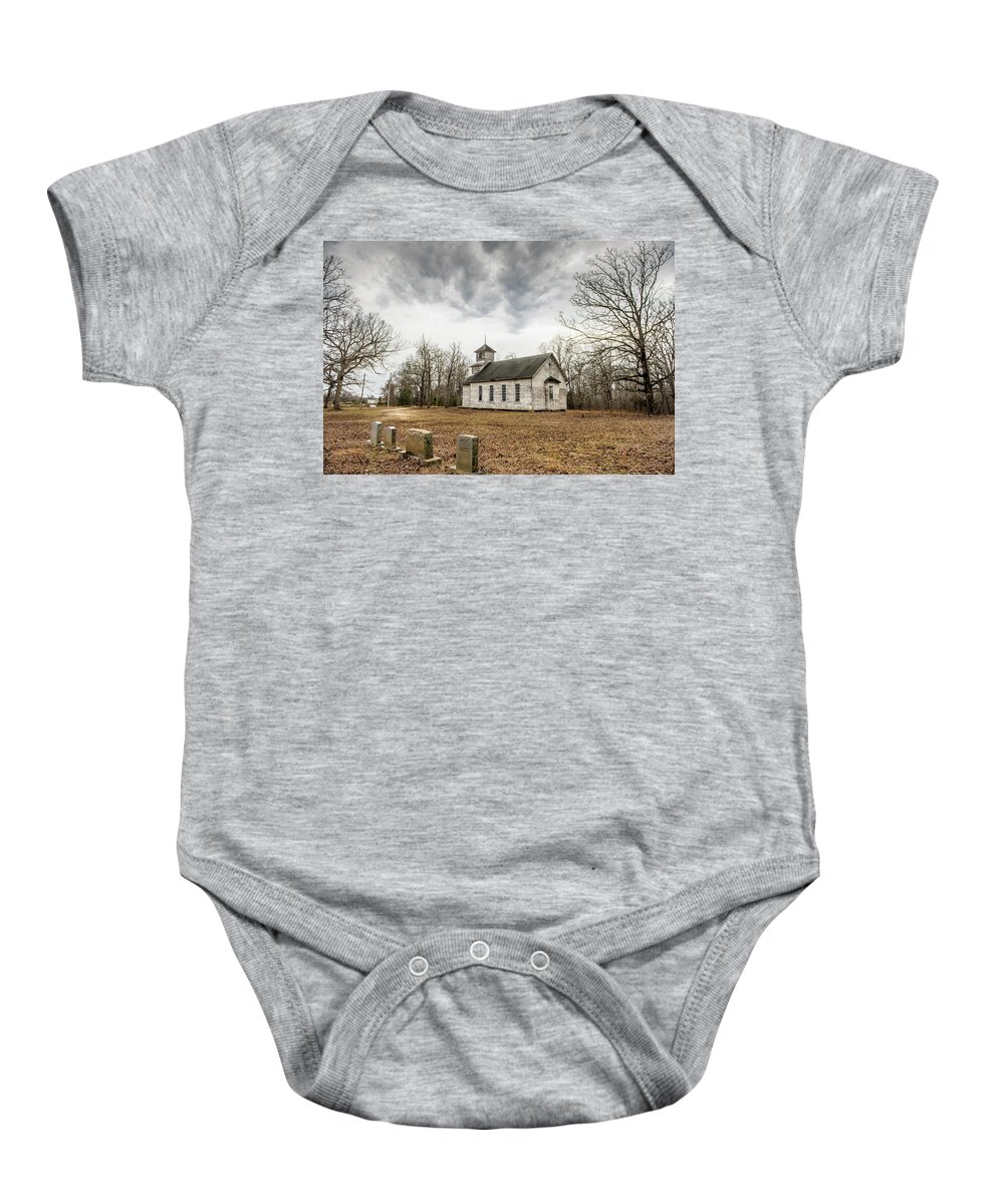 Country Church Baby Onesie featuring the photograph Rock Of Ages by Cynthia Wolfe