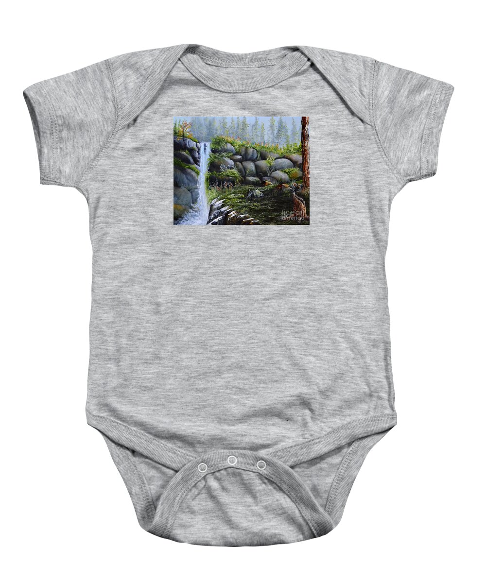 A Waterfalls In The Woods With Large Boulders Baby Onesie featuring the painting Rocky Falls by Martin Schmidt