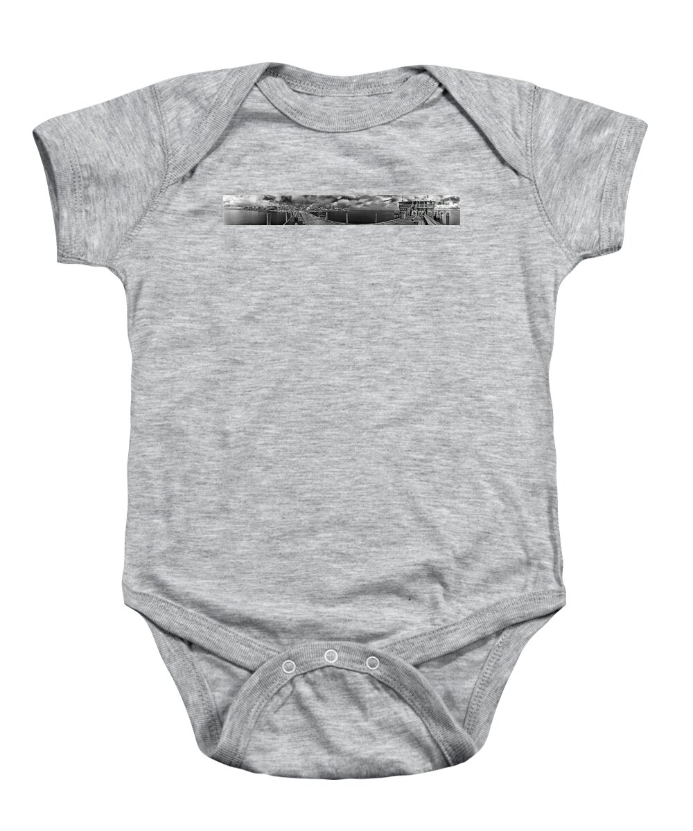 Panorama Baby Onesie featuring the photograph Rod And Reel Pier in Infrared by Rolf Bertram