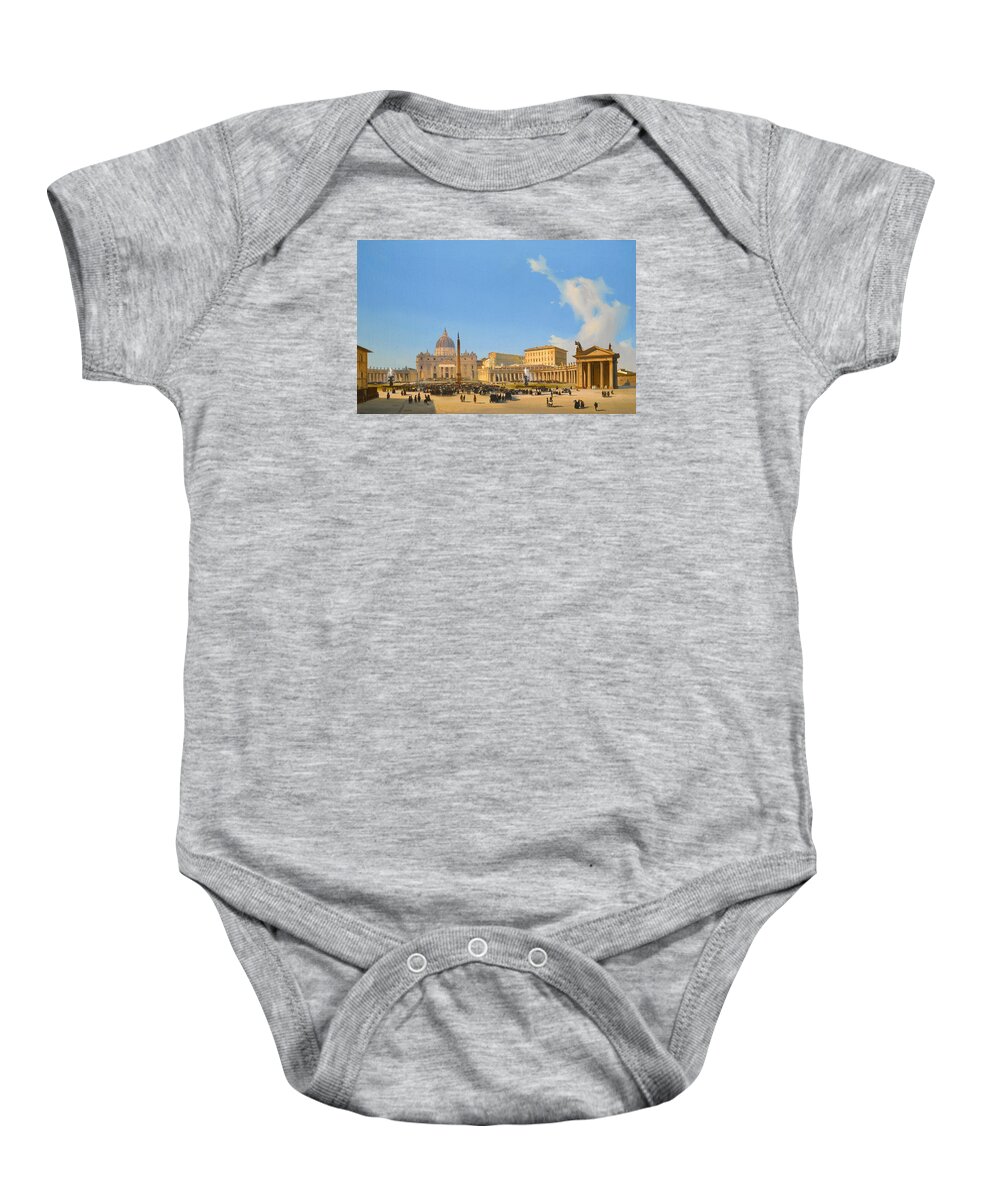 Ippolito Caffi Baby Onesie featuring the painting Rome A view of Saint Peter's Basilica and Square with Crowds awaiting a Papal Audience by Ippolito Caffi