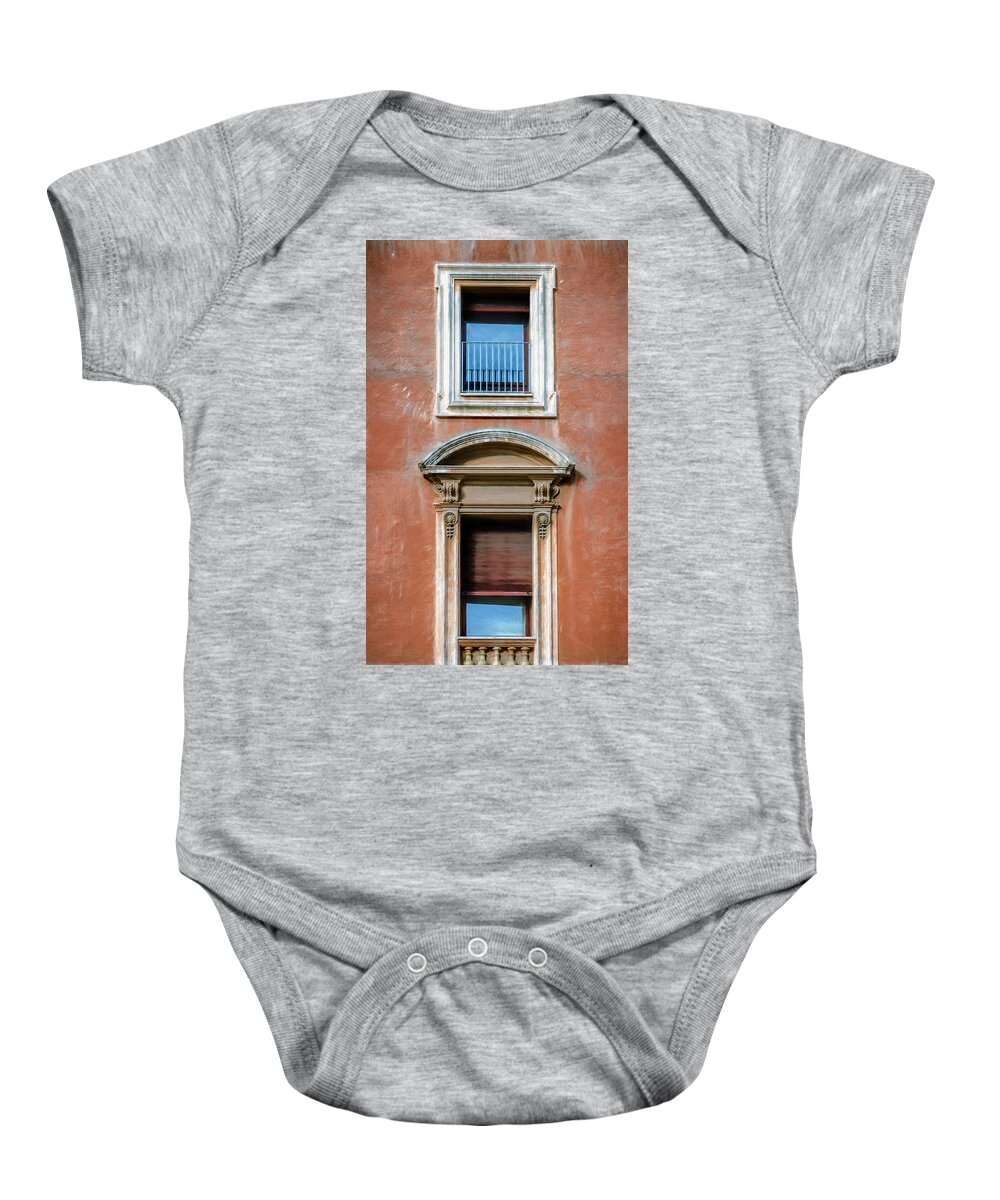 Joan Carroll Baby Onesie featuring the photograph Rome Windows and Balcony by Joan Carroll