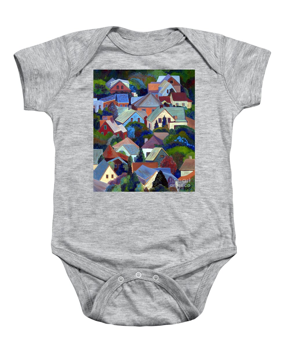 Rooftops Of Provincetown Baby Onesie featuring the painting Rooftops of Provincetown by Pamela Parsons