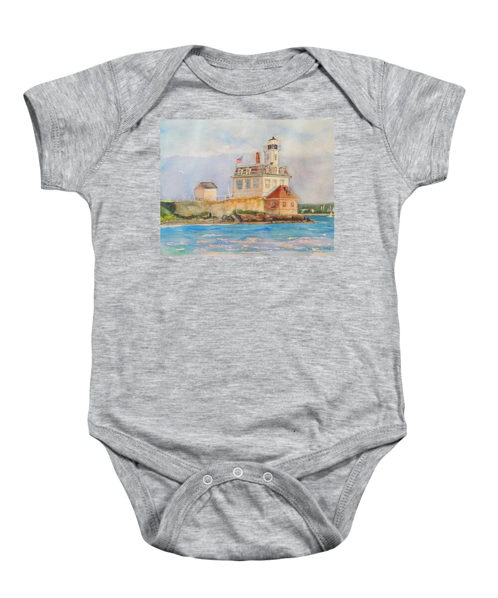 Rose Island Lighthouse Baby Onesie featuring the painting Rose Island Lighthouse Newport RI by Patty Kay Hall