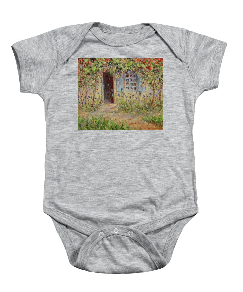 Rose Baby Onesie featuring the painting Rose trees at the front of the house by Pierre Dijk
