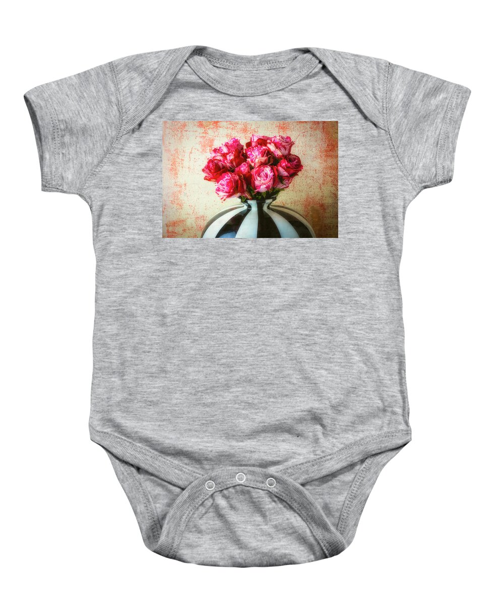 Chaim Soutime Roses Baby Onesie featuring the photograph Roses In Large Black And White Vase by Garry Gay