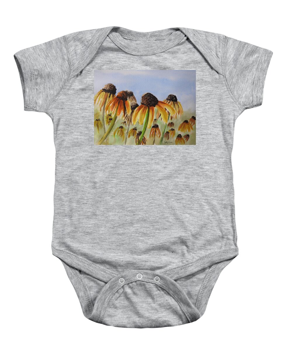 Black Eyed Susans Baby Onesie featuring the painting Rudbeckia Hirta by Betty-Anne McDonald