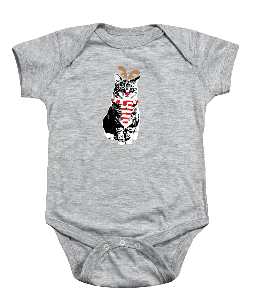 Reindeer Cat Baby Onesie featuring the mixed media Rudolph The Red Nosed Cat- Art by Linda Woods by Linda Woods