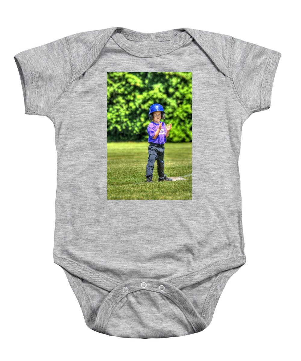 Runner Baby Onesie featuring the photograph Runner On Third 1815 by Jerry Sodorff