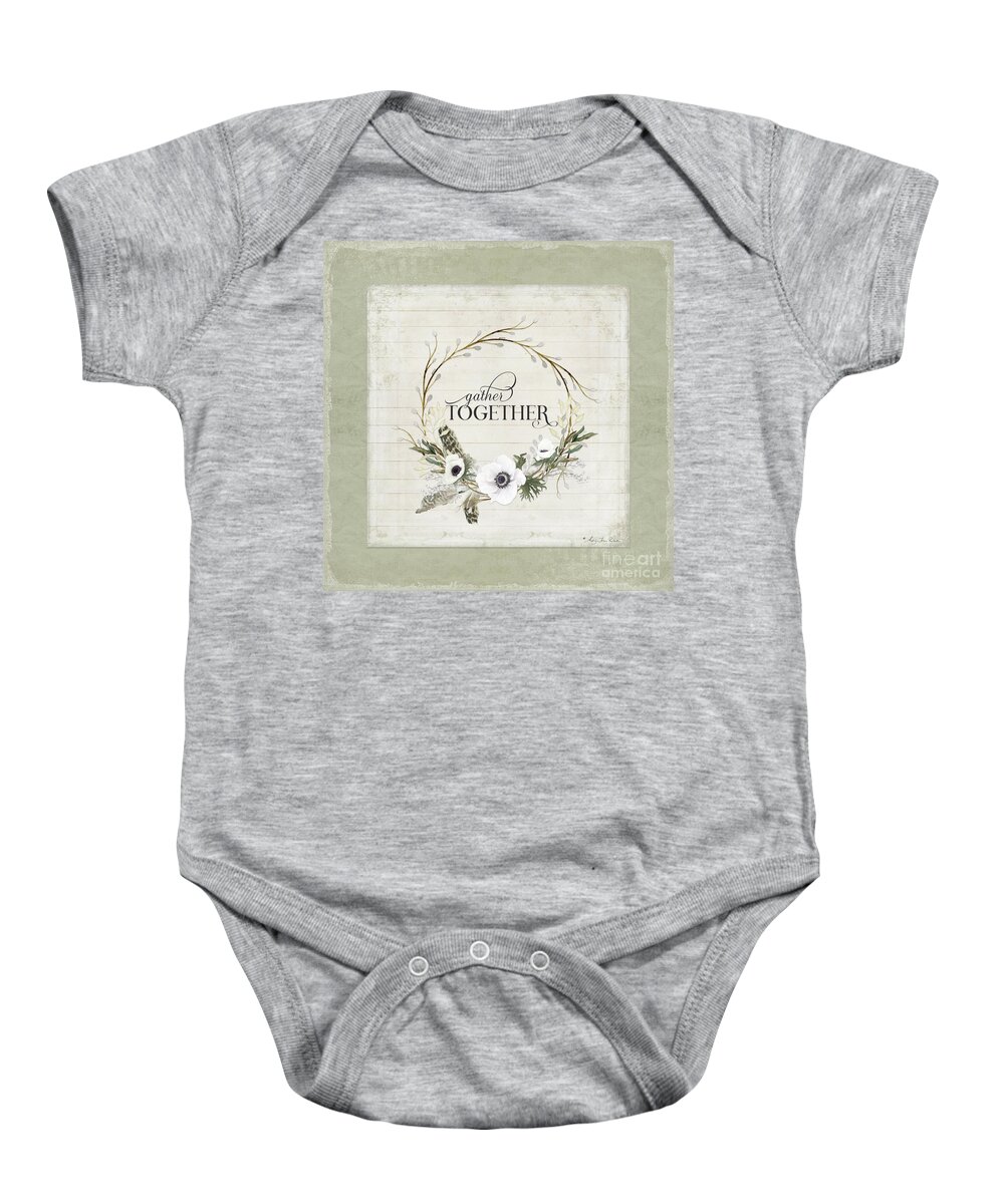 Gather Together Baby Onesie featuring the painting Rustic Farmhouse Gather Together Shiplap Wood Boho Feathers n Anemone Floral by Audrey Jeanne Roberts