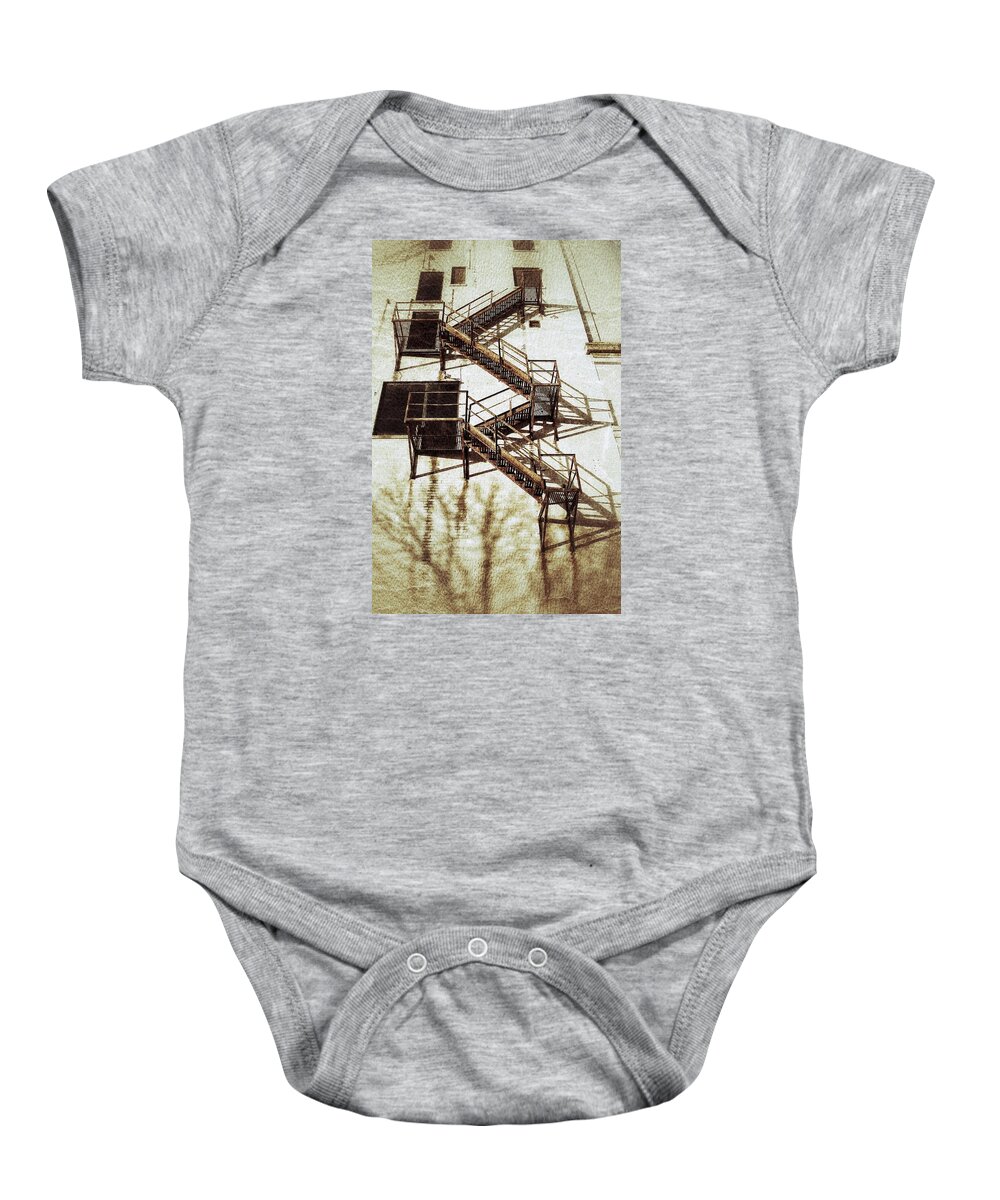 Okc Baby Onesie featuring the photograph Rusty Escape and Tree Shadows by Buck Buchanan
