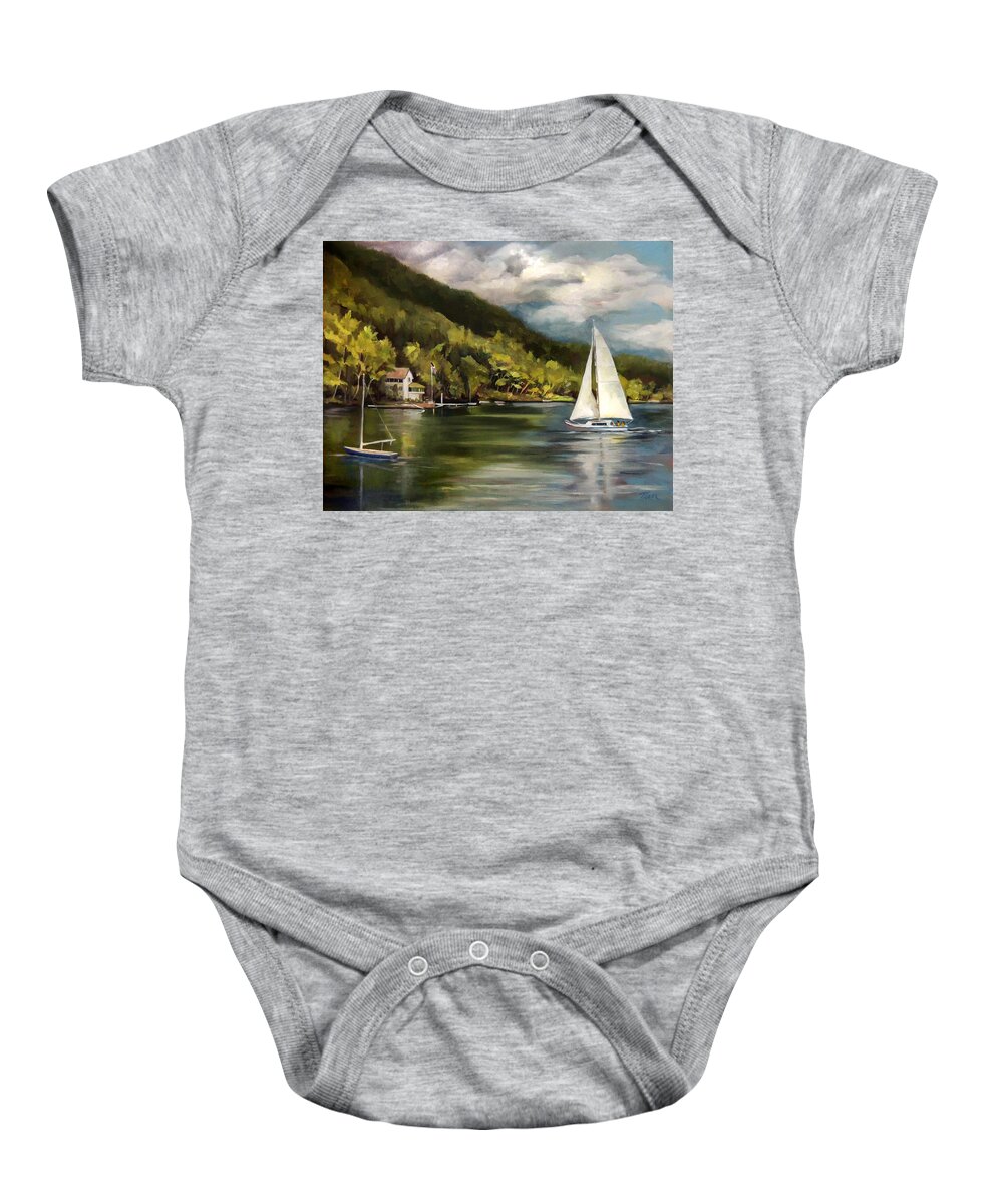 Lake Morey Baby Onesie featuring the painting Sailboat on Lake Morey by Nancy Griswold