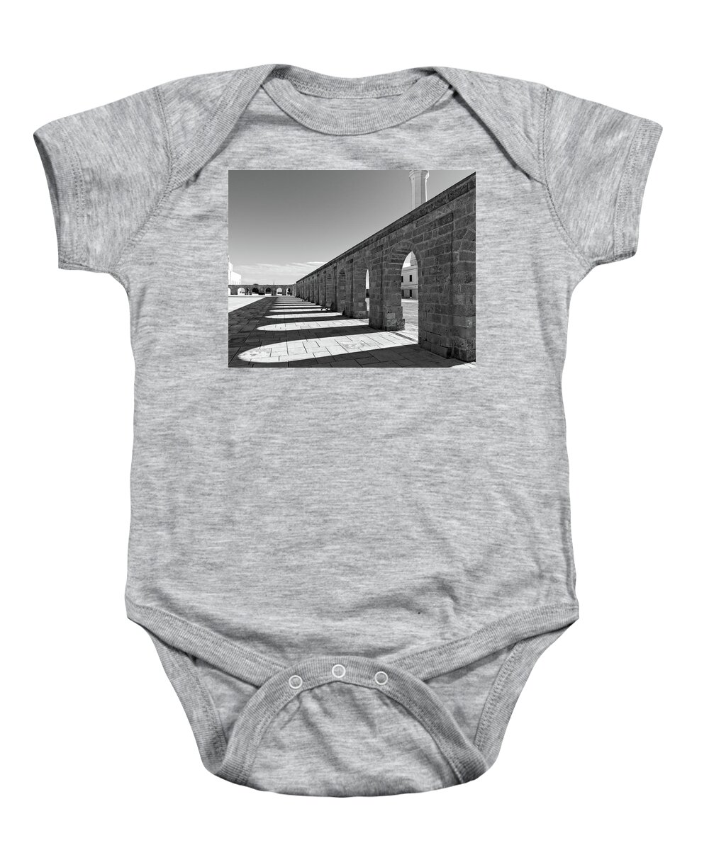 Black And White Photography Baby Onesie featuring the photograph Salento Arches and Shadows by Allan Van Gasbeck