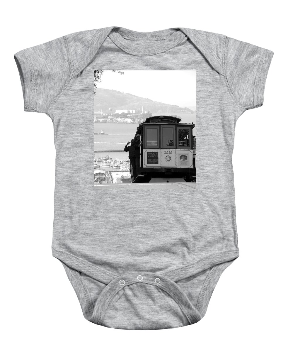 San Francisco Cable Car Baby Onesie featuring the photograph San Francisco Cable Car with Alcatraz by Shane Kelly