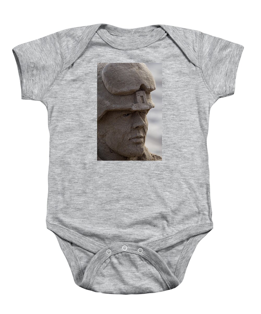 Soldier Baby Onesie featuring the photograph Sand Carved Soldier by Shawn Jeffries