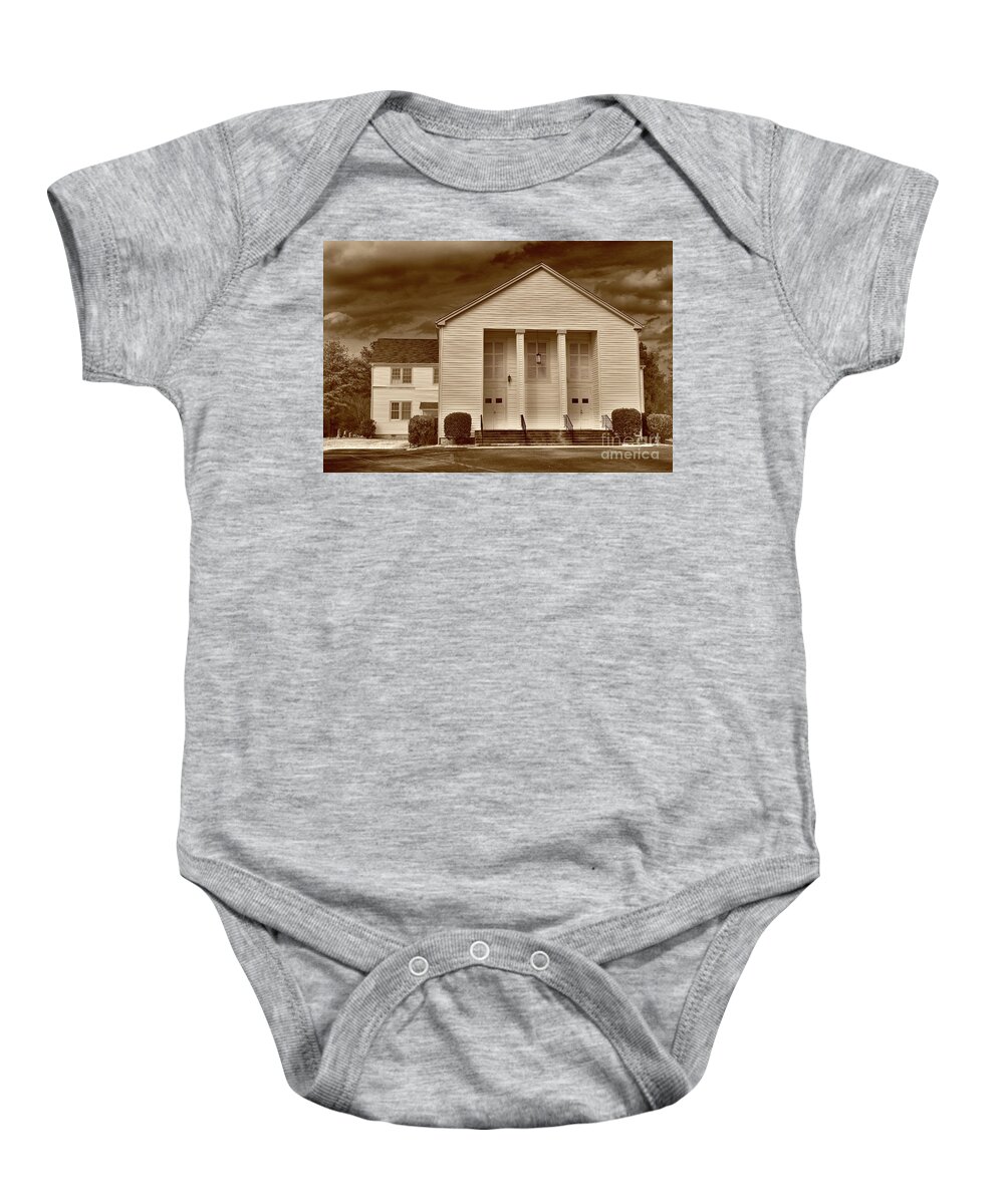 Scenic Tours Baby Onesie featuring the photograph Sandy Level Baptist In Sepia Tones by Skip Willits