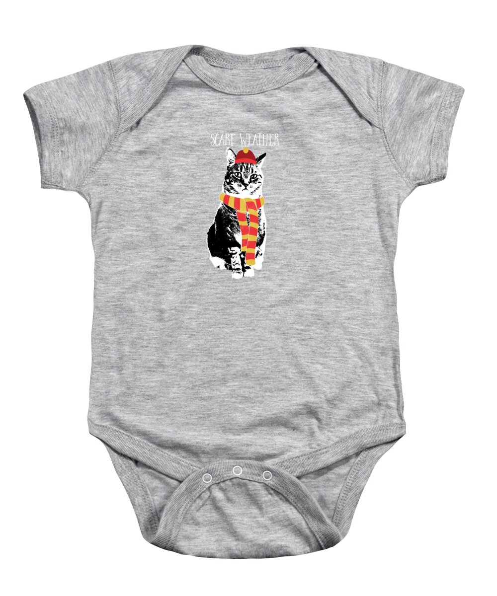 Cat Baby Onesie featuring the mixed media Scarf Weather Cat- Art by Linda Woods by Linda Woods