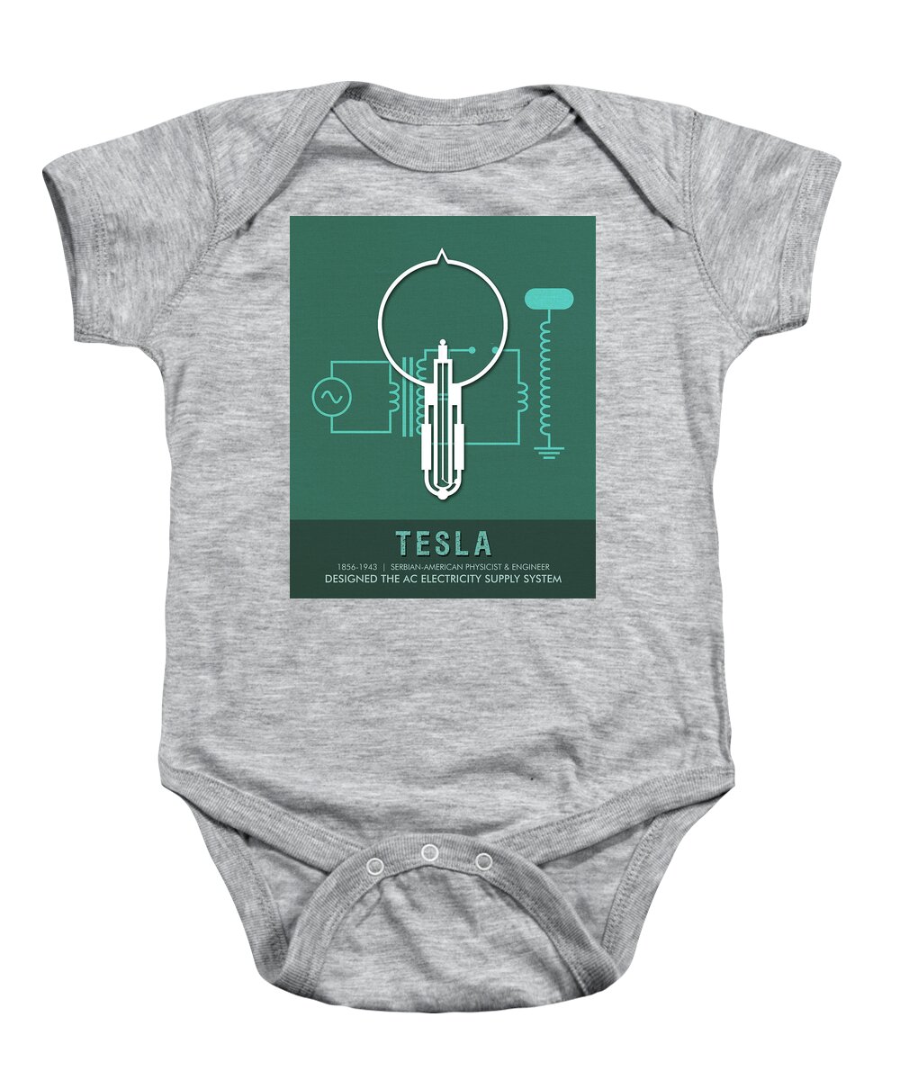 Tesla Baby Onesie featuring the mixed media Science Posters - Nikola Tesla - Physicist, Engineer by Studio Grafiikka