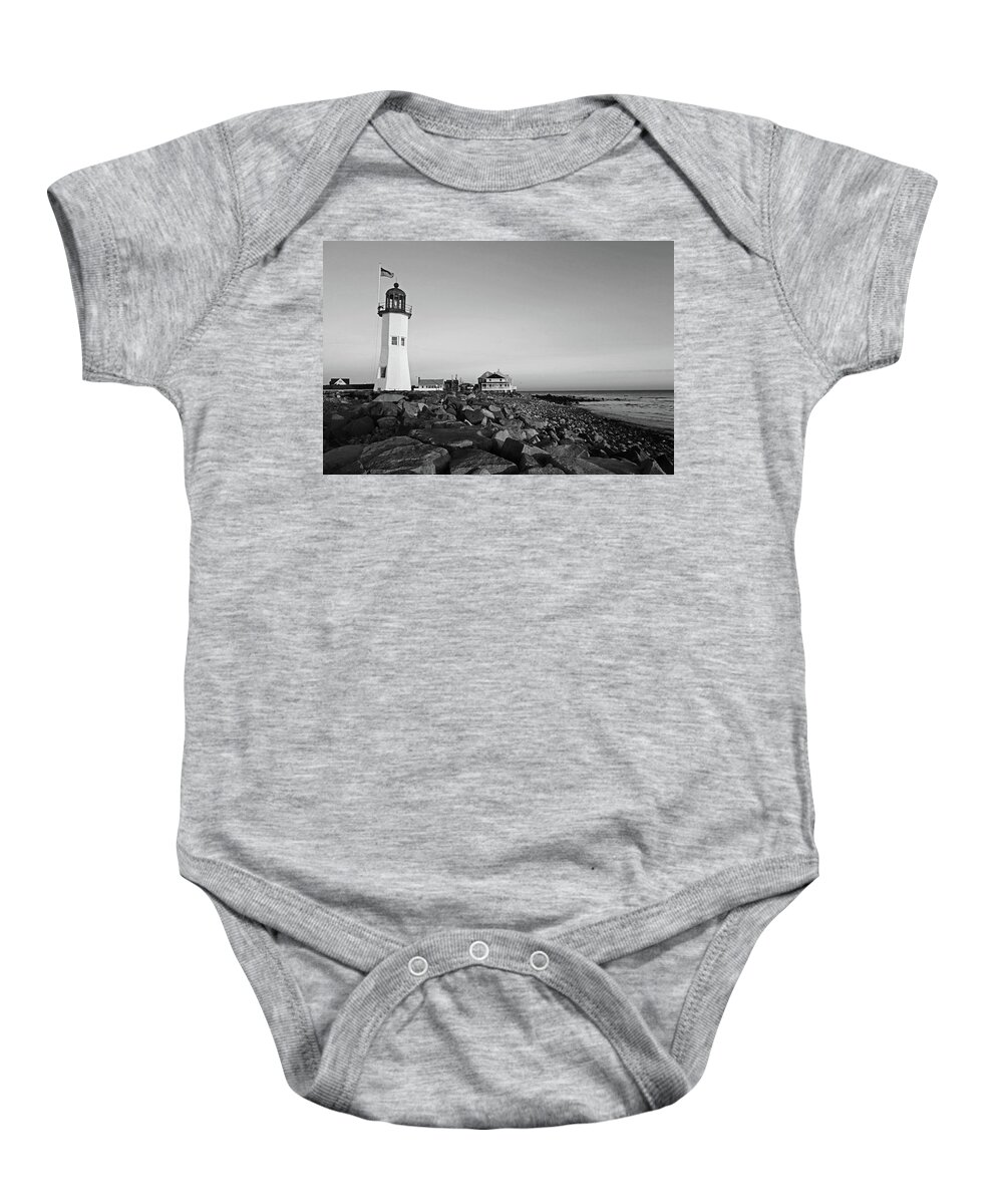 Scituate Baby Onesie featuring the photograph Scituate Lighthouse Scituate Massachusetts South Shore at Sunrise Rocks Black and White by Toby McGuire