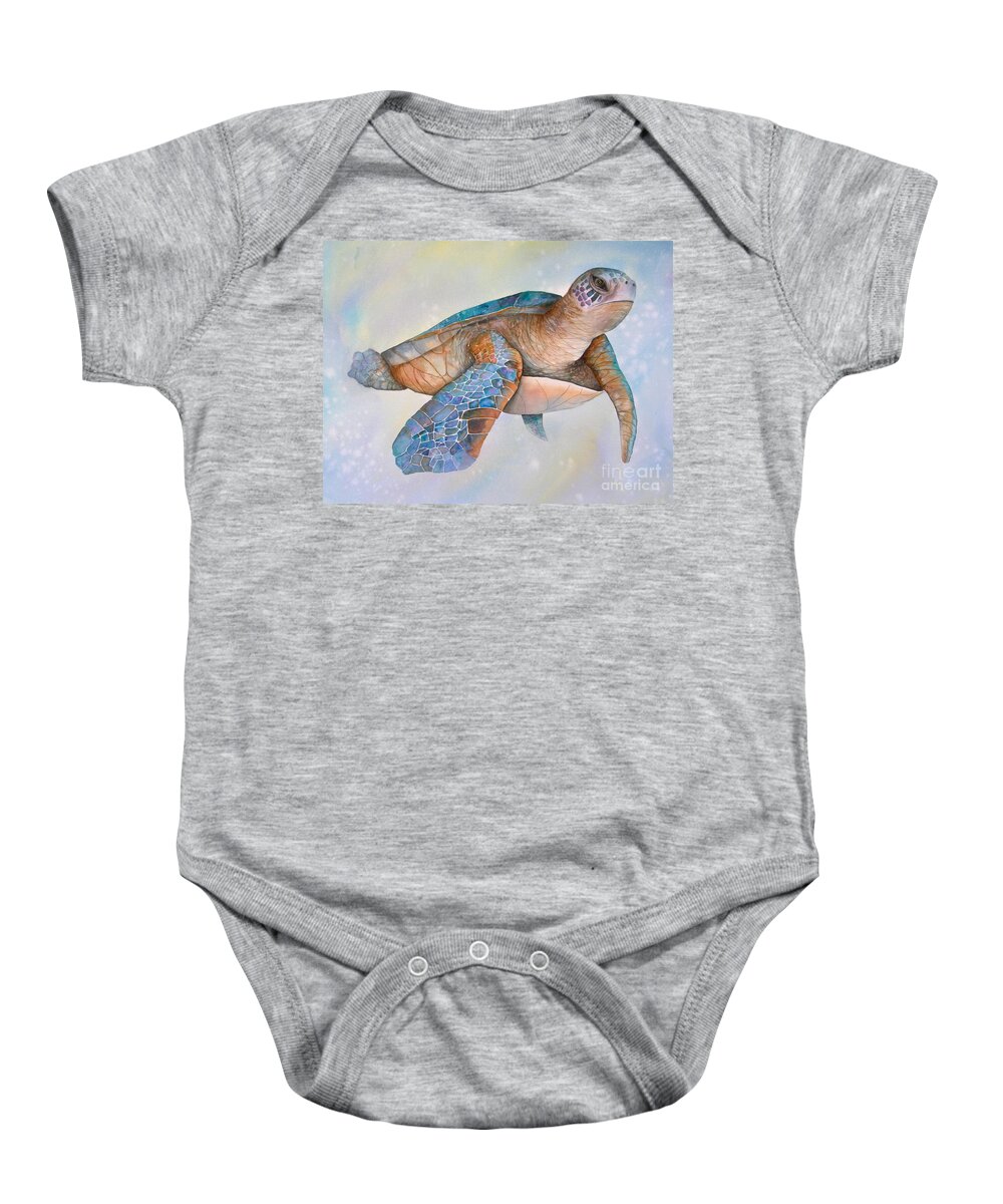 Sea Turtle Baby Onesie featuring the painting Sea Turtle- Twilight Swim by Midge Pippel
