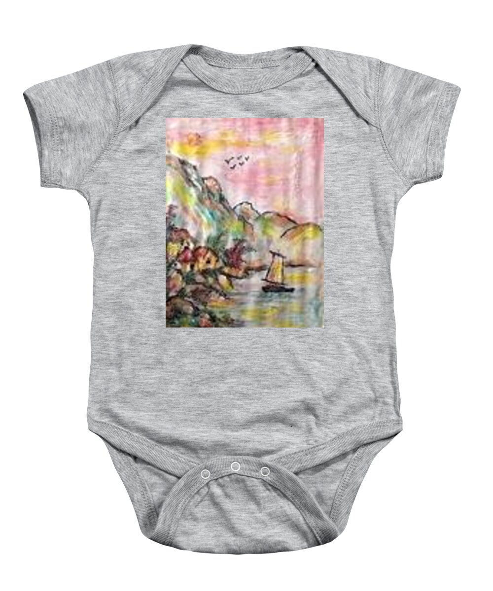 Seascape Baby Onesie featuring the painting Seascape with boat by Sam Shaker