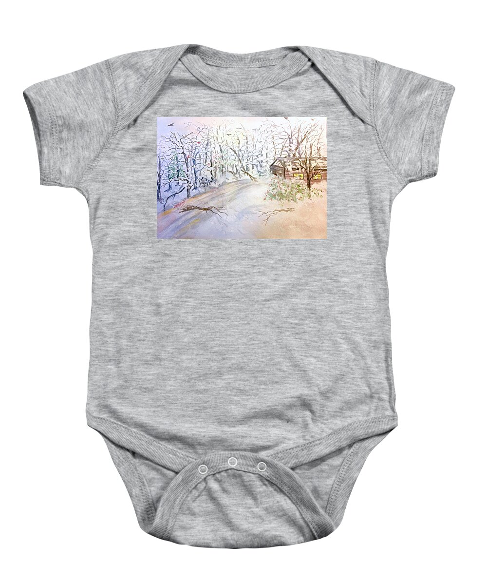 Secluded Cabin Baby Onesie featuring the painting Secluded Cabin in Winter by Ellen Levinson