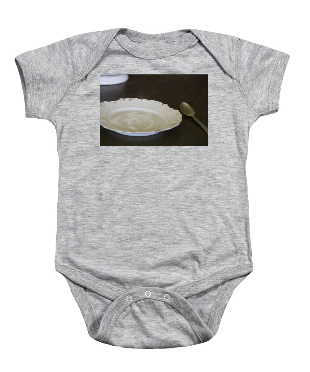 White Plate Baby Onesie featuring the photograph Set a Place For Me in Sepia Photograph by Colleen Cornelius